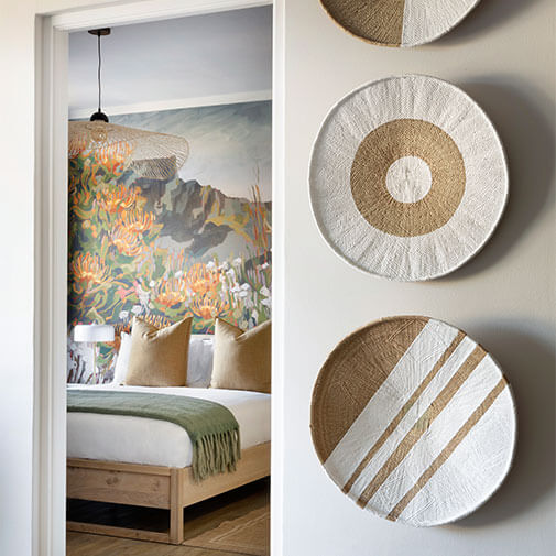 Modern bedroom with woven features on wall